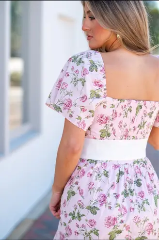Boutique Pink Floral Ruffle Midi Dress