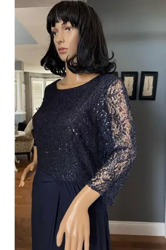 Alex Evenings Navy Long A-Line Detailed sequin Bodice sheer sleeves Dress 10 p