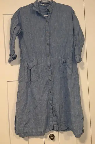 Pure Jill Linen Dress Women XS Button Down Roll Tab Sleeve Pockets Blue Casual