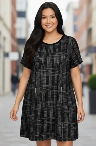 Sharagano Woman 22W Black Gray Plaid Dress A-Line Career Casual Zip Pockets