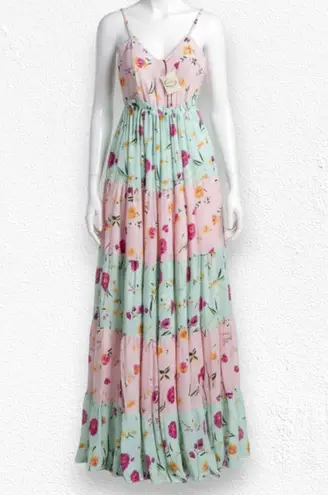Raga Pink Mint Floral Tiered Maxi Dress Boho Festival Smocked Back Size XS NWT
