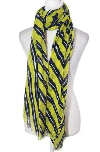 Navy and Lime Green Woven Boho Scarf Lightweight Frayed Edge Striped Scarf