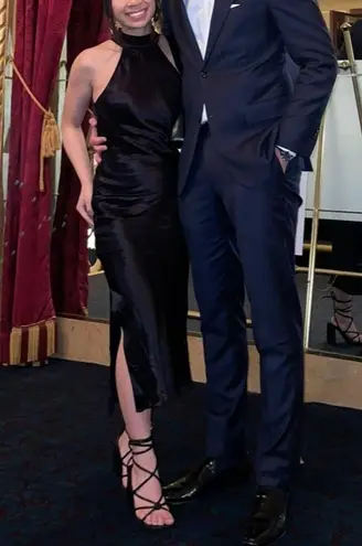 Meshki Claire Satin Drape Back Maxi Dress with slit in back (altered for petite)