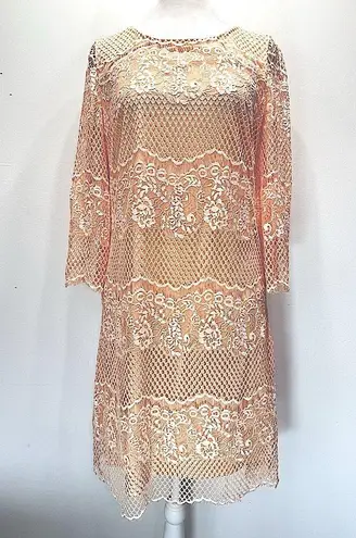 Pale Orange Peach Sheer Mesh Lace Overlay Fairy Dress 3/4 Sleeves Wendy Bird