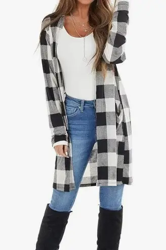 Open Front Long Draped Buffalo Plaid Cardigan Black