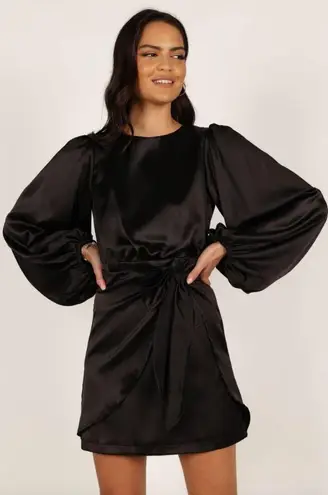 Petal and Pup  Opal Black Satin Long Balloon Sleeve Wrap Mini Dress 14