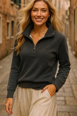 Lauren Ralph Lauren Charcoal Sweatshirt Pullover Collar 1/4 Zip XL Buttery Soft Gray