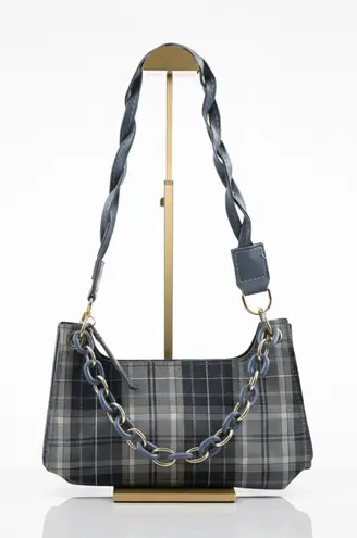 Tartan Plaid Shoulder Bag with Chain Detail Gray