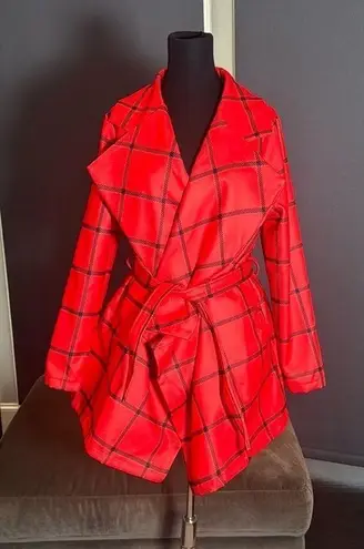 Women’s Red Turn Down Collar Wrap Trench Coat Grid Pattern Belted L (**tag XL) Size L