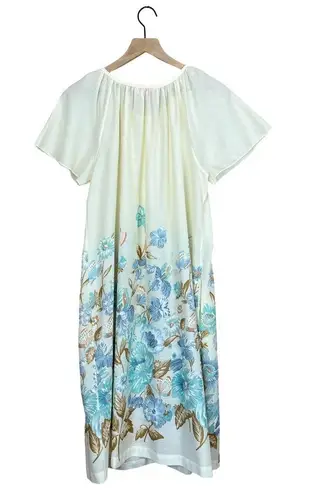 Smart Time Vintage 70s 80s Short Sleeve Ivory Blue Floral Print House Dress S/M