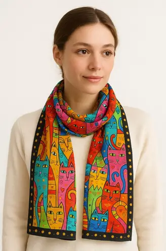 Laurel Burch 'Whiskered Cats' Silk Scarf Blue