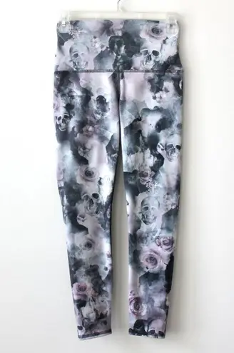 Grey Light Purple Skull Smoke Flower Tight Leggings Small Gray