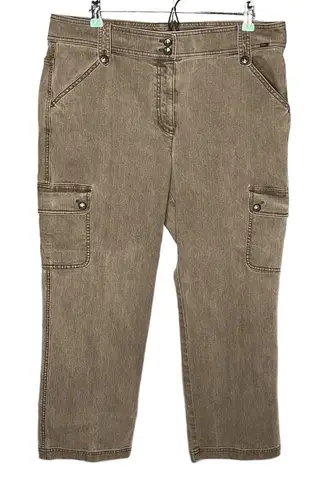 St. John Green Cargo Pants Straight Crop Jeans Cotton Stretch Size 14 High Rise