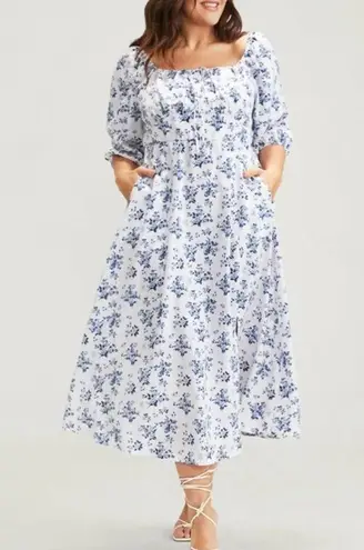 NWT!White blue floral tie empire elastic waist split hem dress size 14–16 1X White