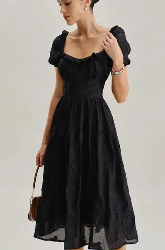 Rihoas Black Square Neck Puffed Sleeve Midi Dress Size M