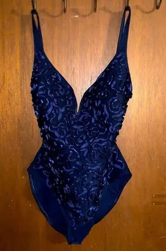 90s dark blue plunge swimsuit
