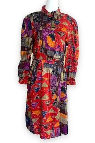 Vintage 80s Dress Colorful Red Abstract Print Long Sleeve Bow Midi Union Made Size 12P