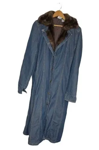 Newport News Denim Blue Jean Coat Brown Faux Fur Trim Quilted Lining Size 10 VTG