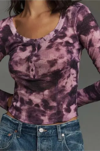 Pilcro Anthropologie Purple Tie Dye Henley Top Andie Soft Casual Long sleeve