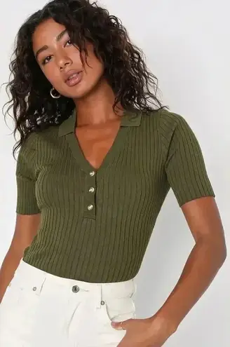 Lulus Favorite Finish Olive Green Ribbed Henley Sweater Top Size Small NWT