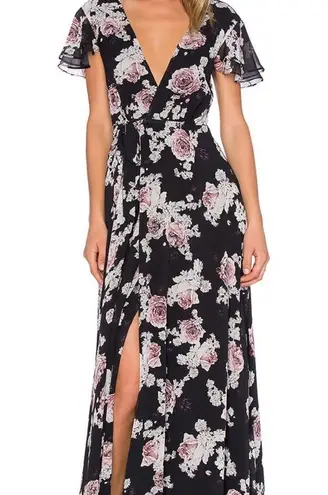 The Jetset Diaries Rosa Black Floral Chiffon Wrap Lace Up Maxi Dress Medium