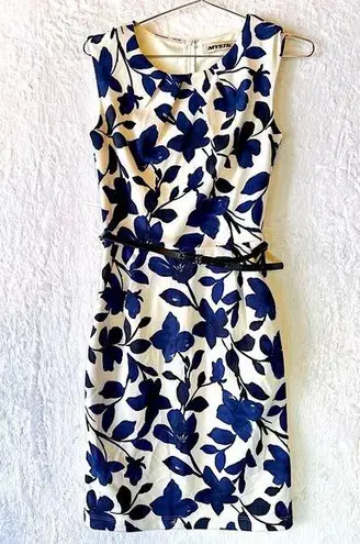 Mystic White Navy Blue Floral Belted ModCloth Dress Pleated Neckline Pockets