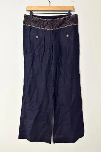 IDRA ANTHROPOLOGIE Embellished Waist Wide Leg Linen Pants SZ 6 Dark Academia Blue