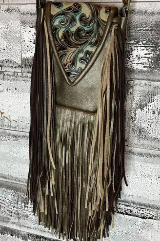 Hide Junky Metallic bronze and accents in turquoise and brown embossed crossbody purse