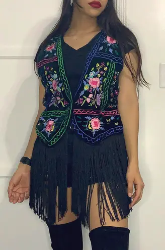Punch vintage floral embroidered vest with fringe Multi Size M