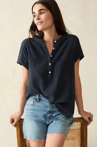 Faherty Dream Cotton Gauze Desmond Navy Organic Cotton Short Sleeve Top