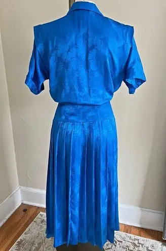 Vintage Blue  embossed satin feel pleated retro 80s maxi dress