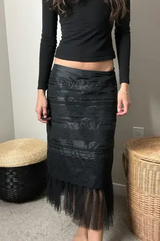 vintage 90s y2k black silk tiered lace fairy goth tulle low rise midi maxi skirt Size XS