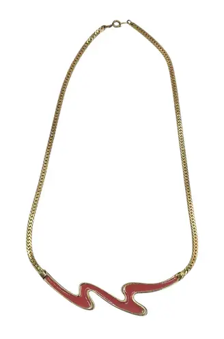 Vintage 80s 90s Zig Zag Squiggle Necklace Gold Tone Red Enamel Retro Wavy Artsy
