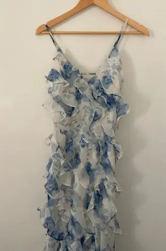 BHLDN NWOT Anthropologie Jia Printed Bias-Cut Ruffled V-Neck Gown Maxi Blue Sz 2