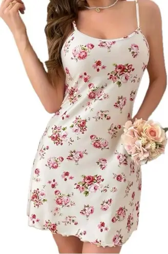 Boutique Cream White & Pink, Floral, Night Slip