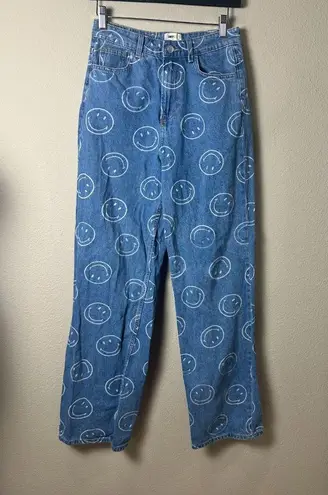 H&M x SMILEY Wide Leg Denim Jeans with Smiley Faces Size 2 Blue