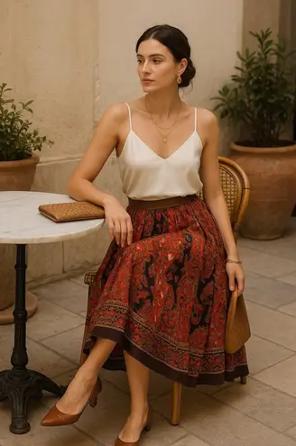 Vintage Mix Nouveau 100% Cotton Boho Patchwork Paisley Midi Skirt Red Black M Orange Size M