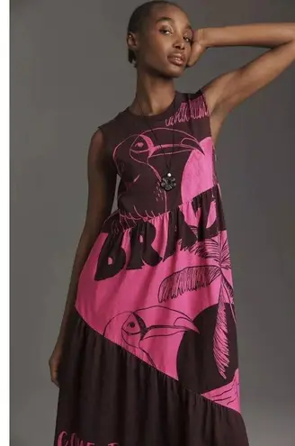 Farm Rio NWT Tiered Graphic T-Shirt Midi in Pink Combo Brazil Dress L $188