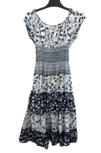 Mlle Gabrielle Mixed floral print boho smocked shirred midi maxi patchwork navy white dress