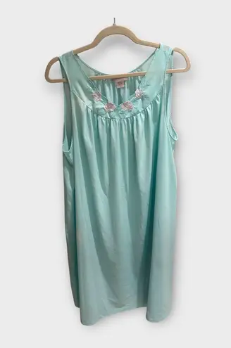 Shadowline 1X Aqua Blue Nylon Nightgown Sleeveless Roses Trim Sleepwear