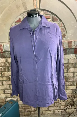 winter silks blouse button front silk purple long sleeve hidden button front Size 16