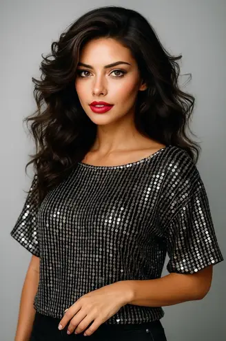 New Trends Vintage Sequin Blouse Medium Black Silver Beaded Glam Party Chic Top