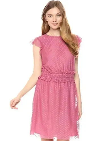Ella Moon Mauve Pink Swiss Dot Overlay Smocked Ruffle Waist Dress Size Medium