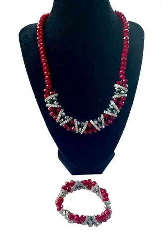 ELEGANT Red Crimson Glass Bead Silver Rhinestone Necklace And Bracelet Set
