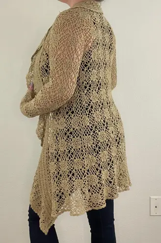 Karen Kane Vintage 90’s Beige Tan Shimmer Bell Sleeve Crochet Duster Cardigan