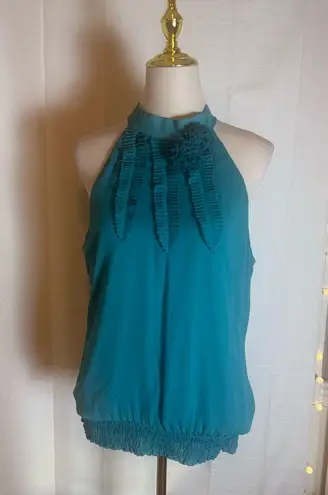 Chime Women’s XL Teal Halter Blouse with Pleated Ribbon & Floral Detail Green