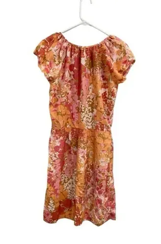 Talbots  Petite Small Pink Orange Floral Dress Cap‎ Sleeve V Neck Midi 100% Silk