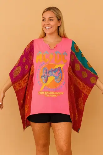 Tabi Myers Handmade AC/DC One of a Kind Poncho Top Pink Multicolor One Size Red Size undefined