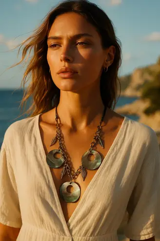 Vintage Boho Shell Statement Necklace Brass Leaf Charm Mixed Chain Pendant 18"