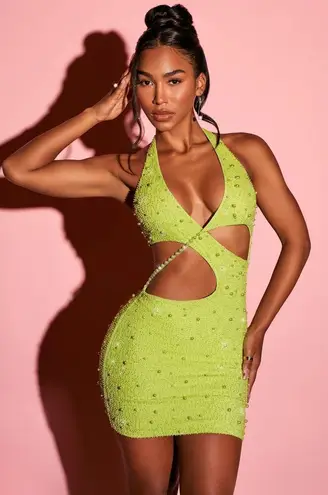Oh Polly NEW  Sequin Cut Out Club Mini Dress in Neon Lime Size 4